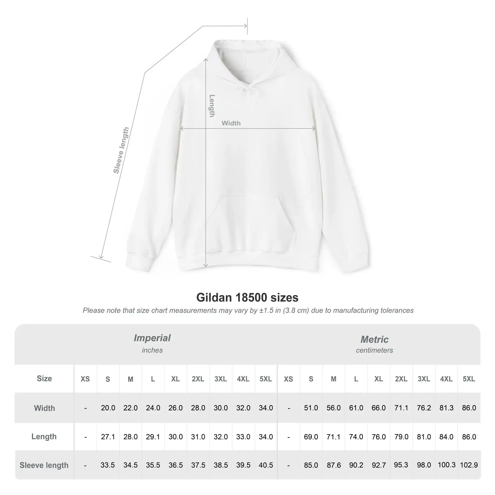 AEMBR Gildan 18500 hoodie size chart with width, length, and sleeve measurements in inches and centimeters.