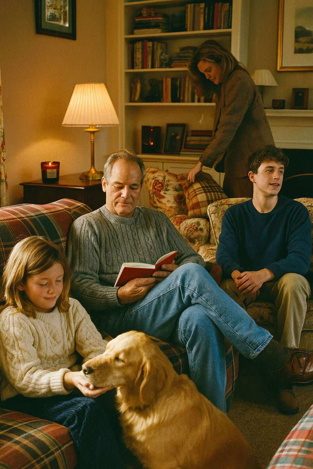 Cozy family in autumn sweaters with golden retriever in warm living room, AEMBR candle lit