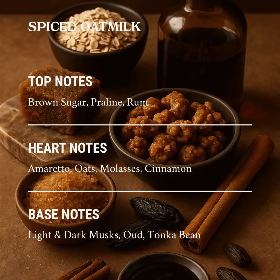AEMBR Spiced Oatmilk fragrance notes with bowls of oats, brown sugar, praline, and spices.