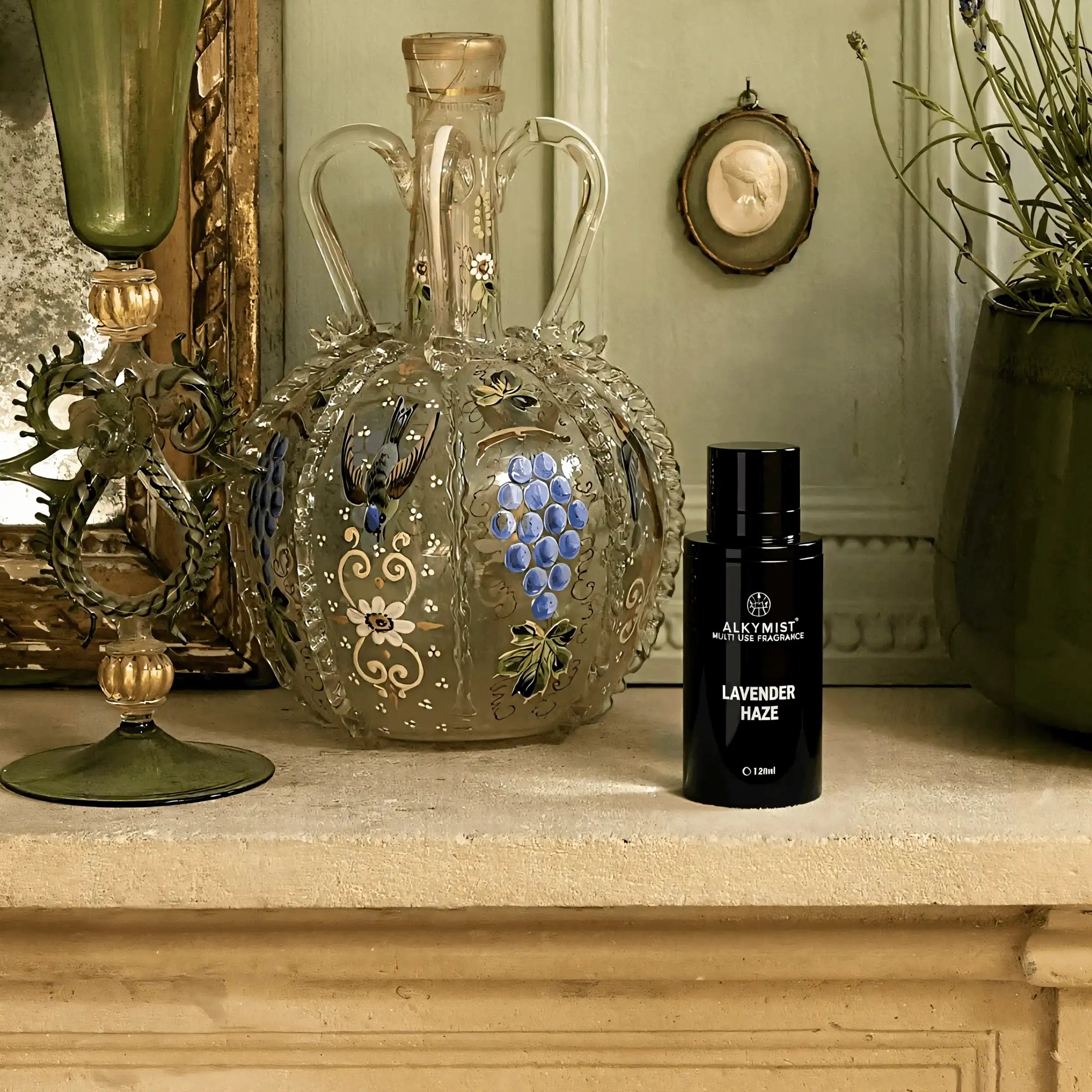AEMBR Lavender Haze multi-use fragrance bottle on vintage mantel with decorative glass decanter