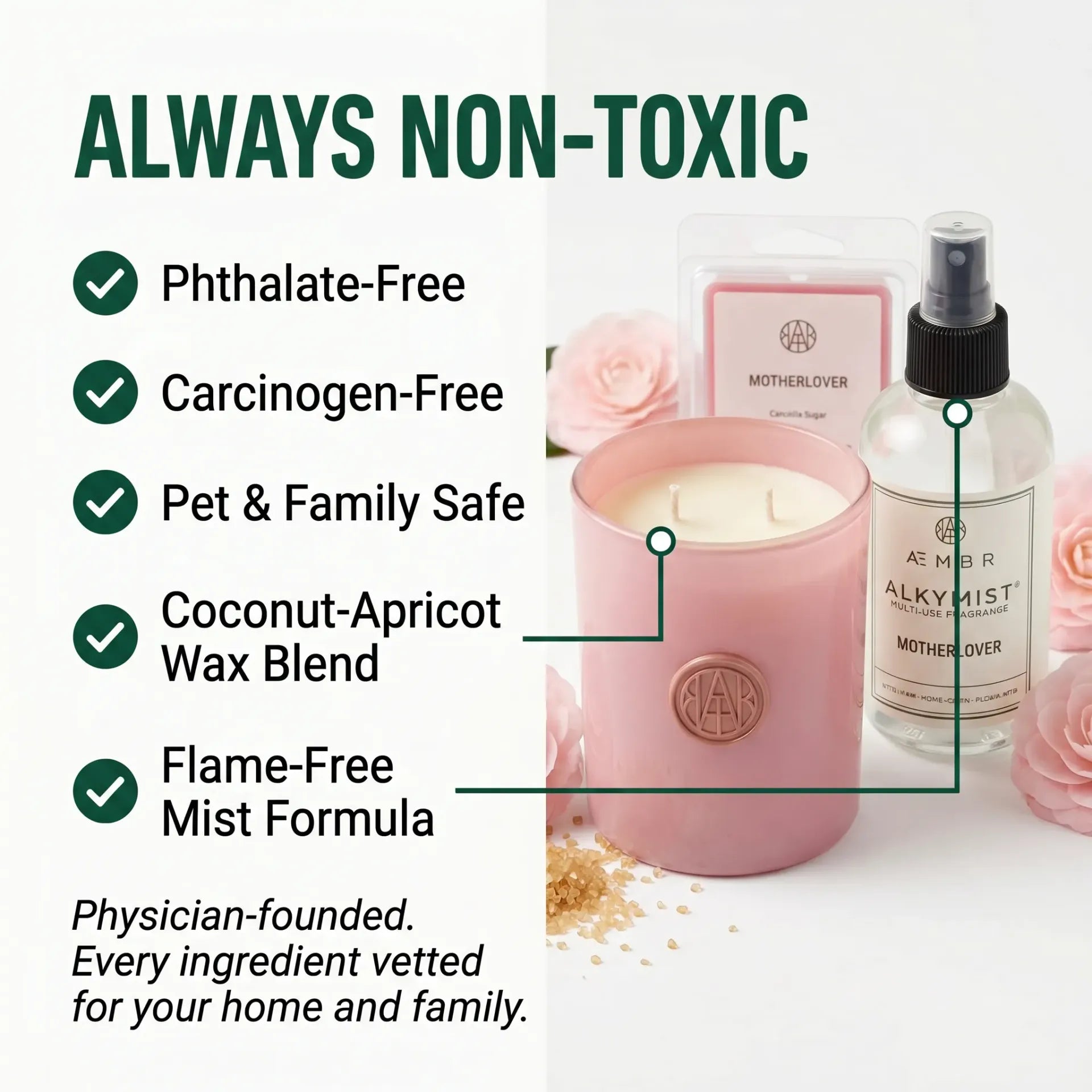 Motherlover Scent Set Always Non-Toxic — Phthalate-Free, Carcinogen-Free, Pet & Family Safe, Coconut-Apricot Wax Blend, Flame-Free Mist Formula — Physician-founded AEMBR