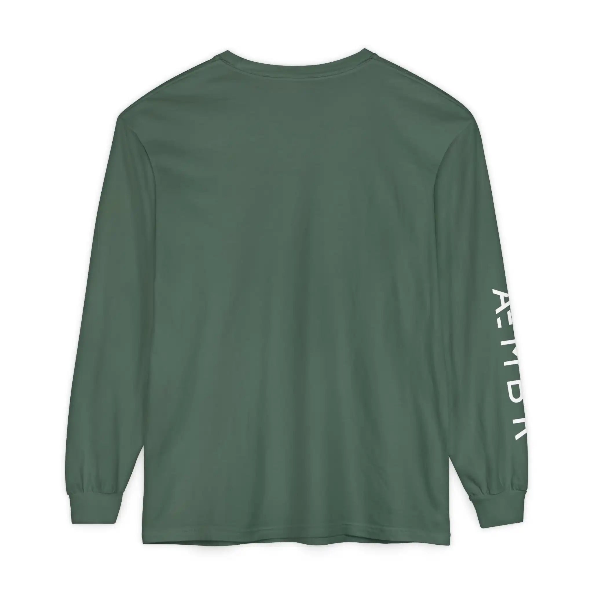 AEMBR green long sleeve shirt with brand logo on the right sleeve, back view