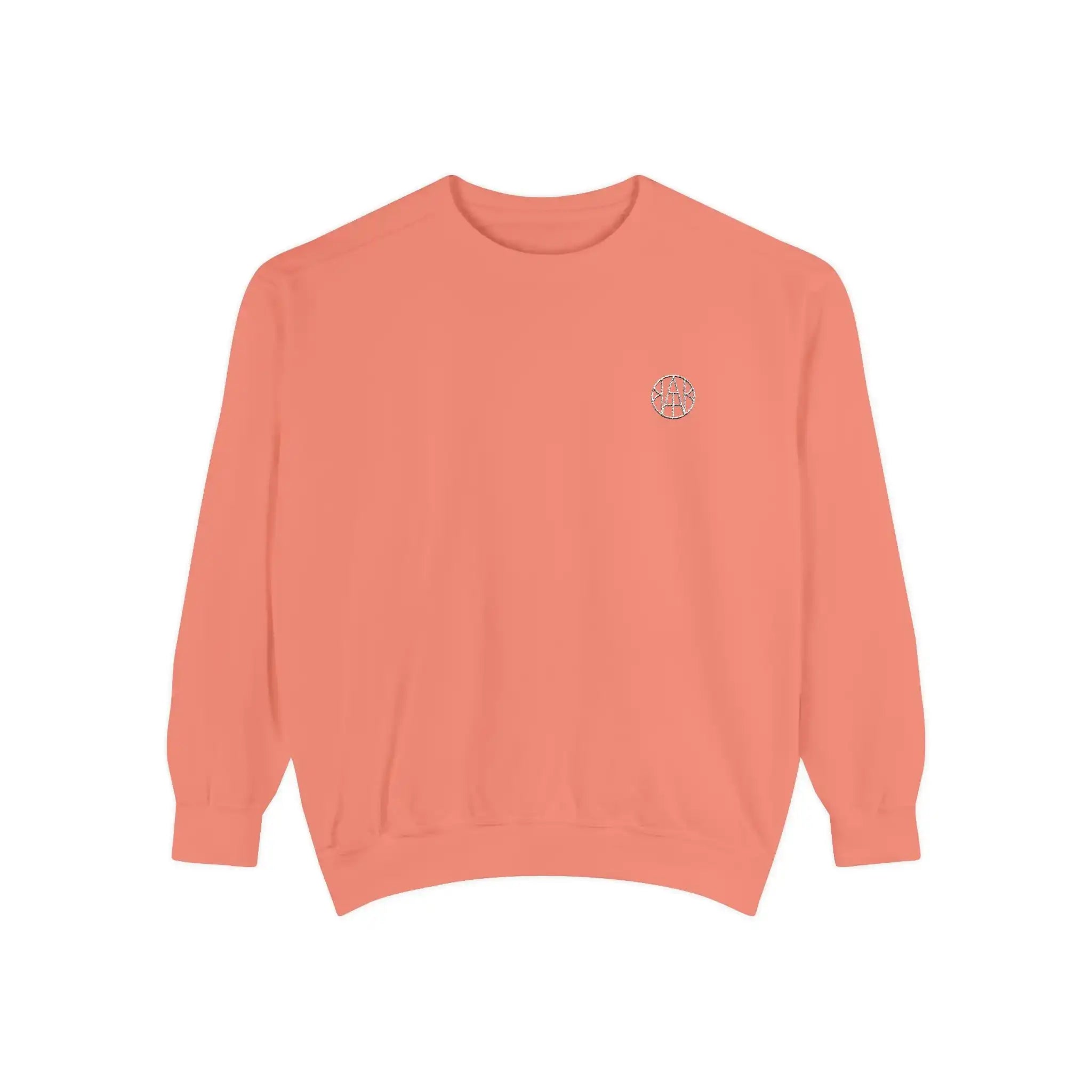 AEMBR coral crewneck sweatshirt with small embroidered logo on chest, displayed on white background.