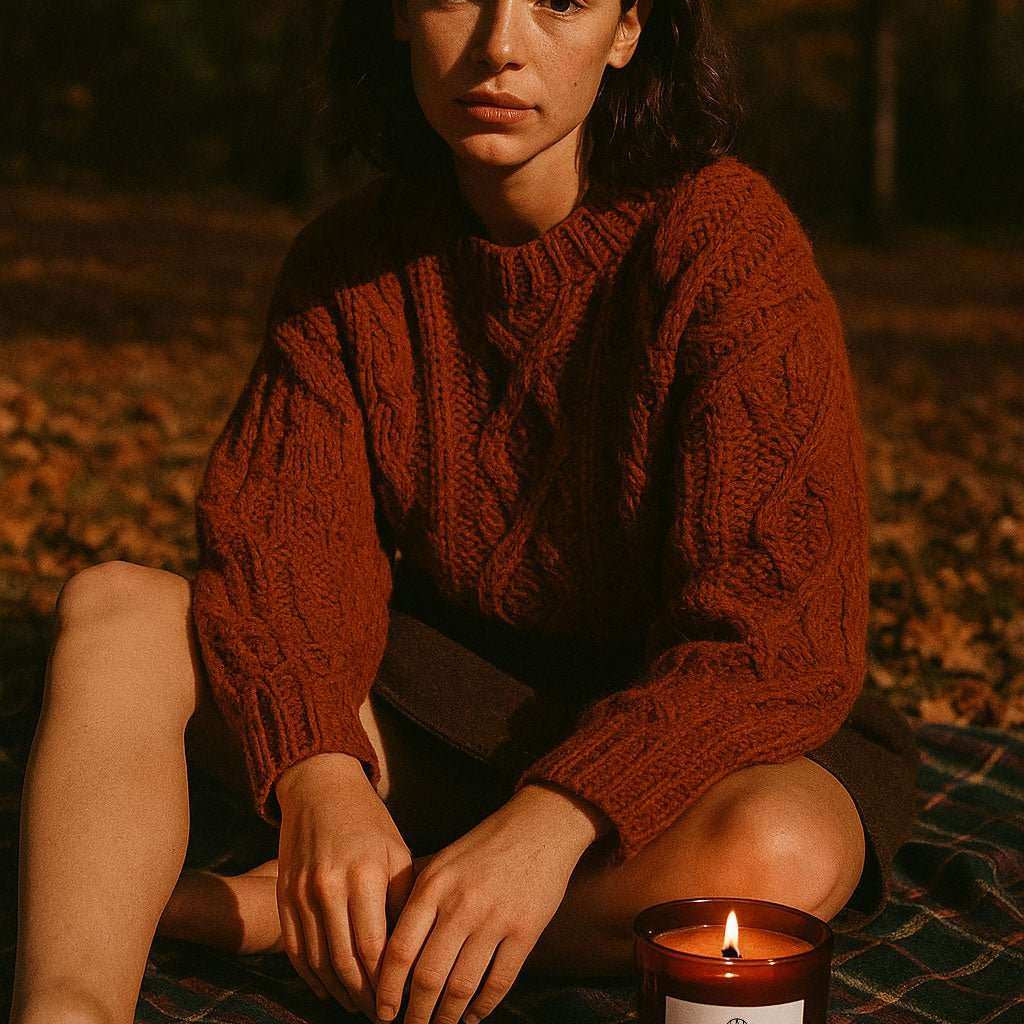 Woman in autumn setting with AEMBR Pumpkin Teakwood candle on plaid blanket outdoors
