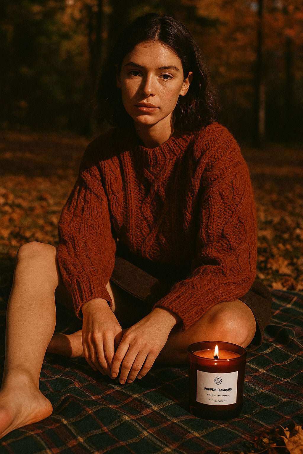 Woman in autumn setting with AEMBR Pumpkin Teakwood candle on plaid blanket outdoors