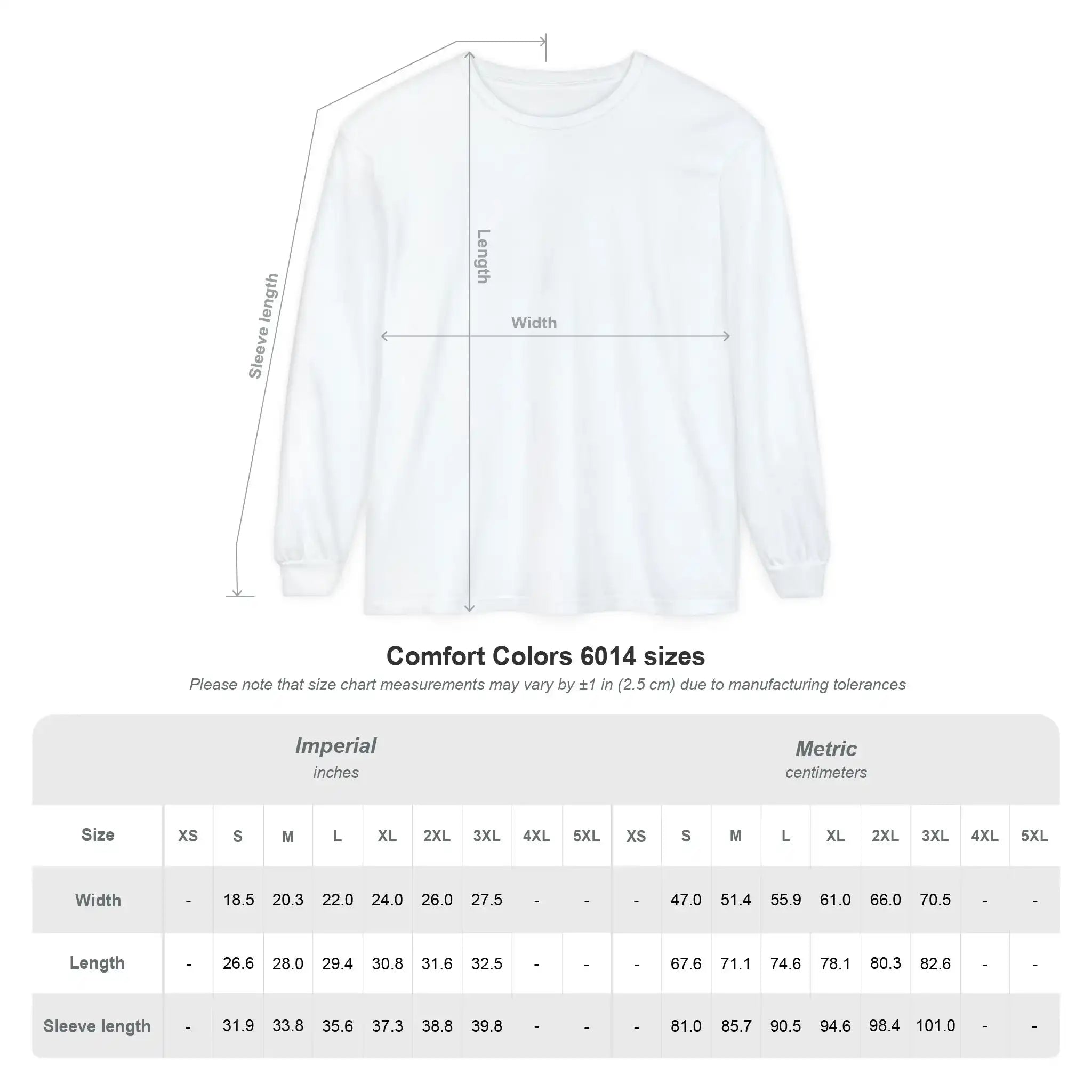 AEMBR Comfort Colors 6014 size chart with measurements for width, length, and sleeve length.
