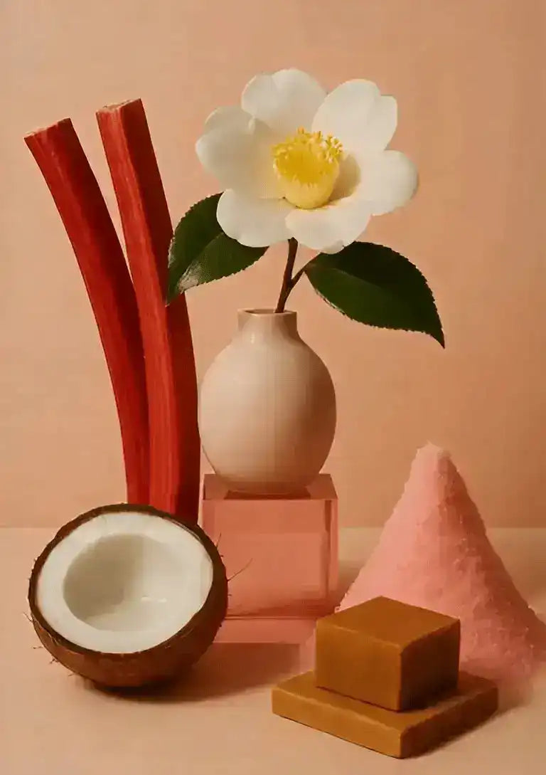 Minimalist still life with non-toxic laundry detergent powder, coconut, rhubarb, flower, and soap