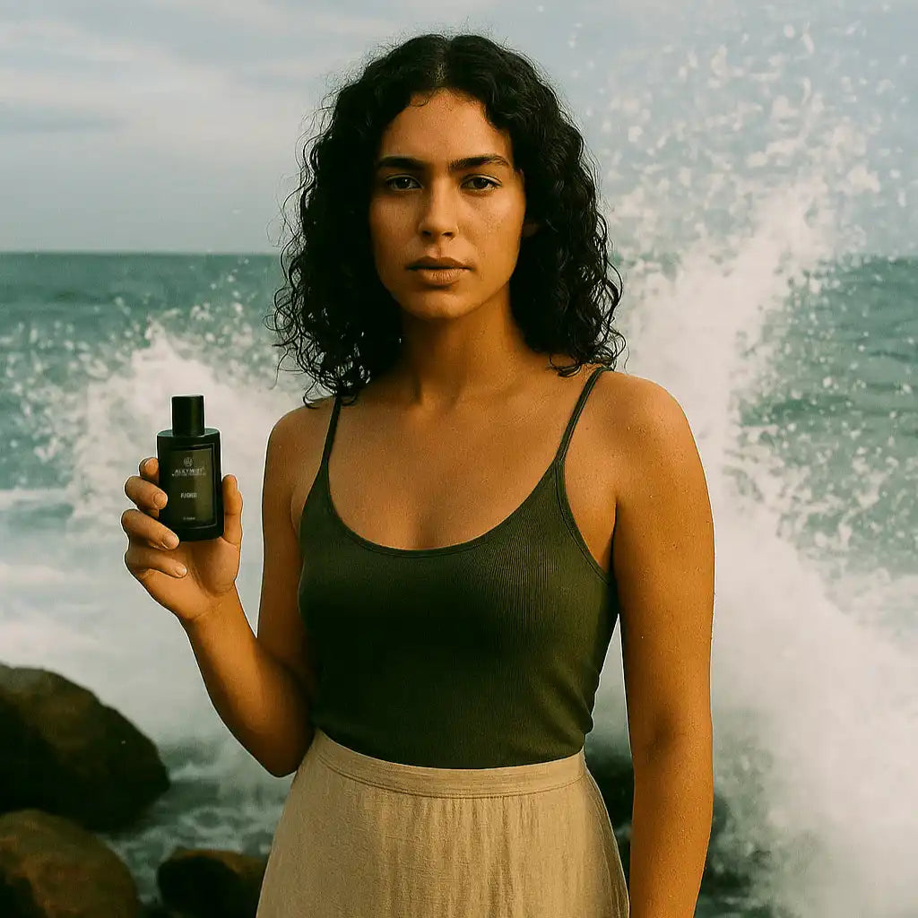 Woman by the ocean holding AEMBR product bottle, natural clean beauty branding.