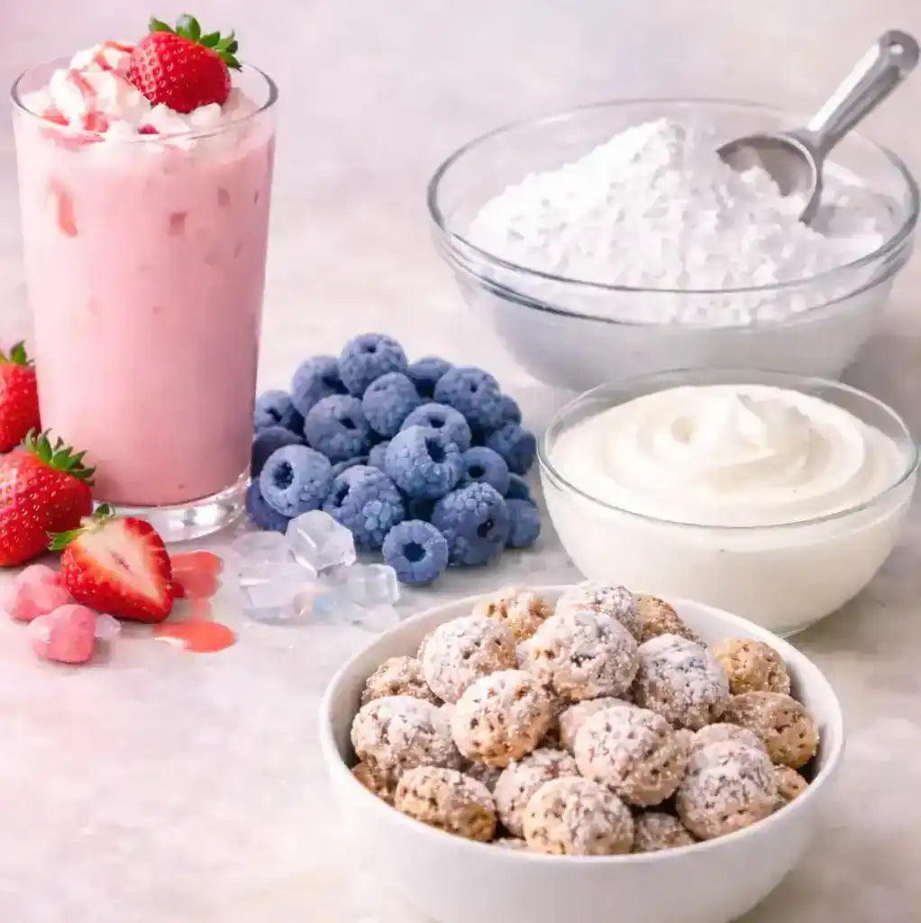 AEMBR cereal milk setup with strawberries, blueberries, whipped cream, powdered sugar, and cereal clusters.