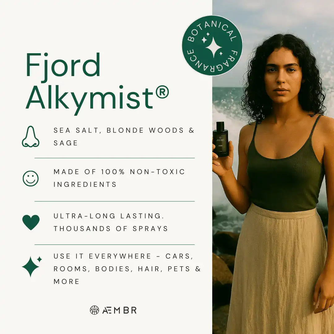 AEMBR Fjord Alkymist non-toxic botanical fragrance bottle held by woman near ocean, text highlights natural ingredients and versatile use.