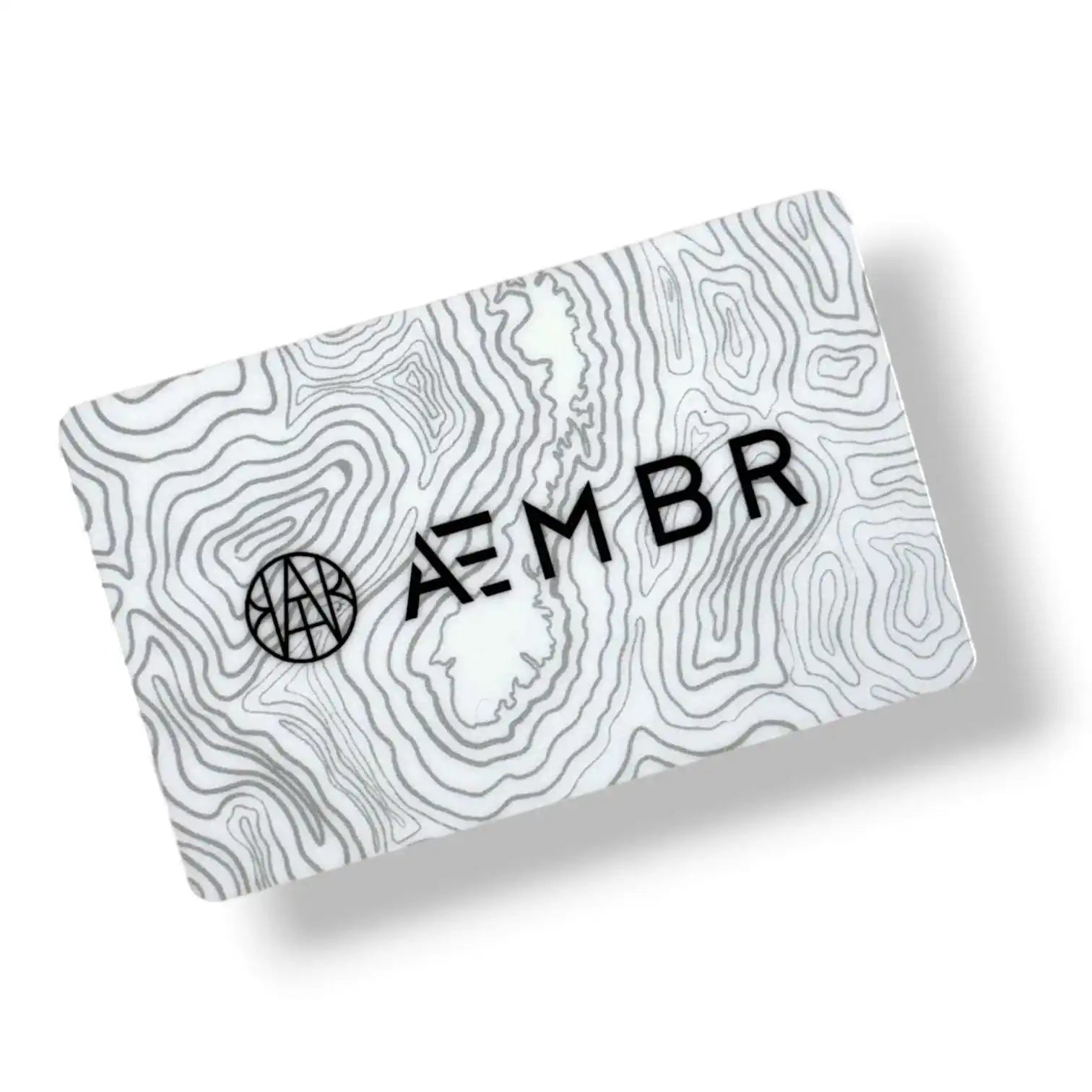 AEMBR gift card with abstract wavy line background and bold black logo