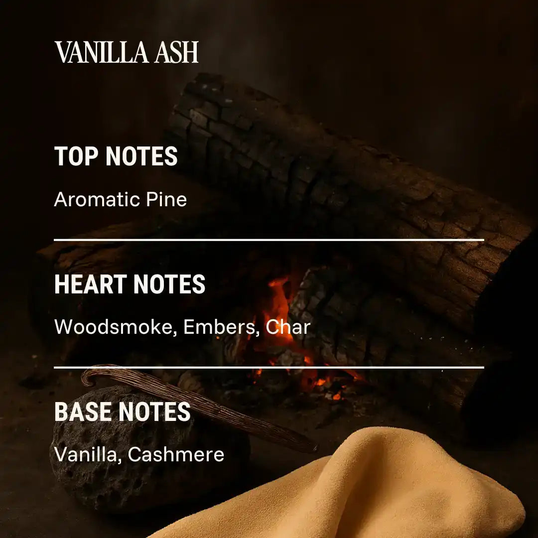 AEMBR Vanilla Ash fragrance notes image with logs, fire embers, vanilla bean, and soft fabric.