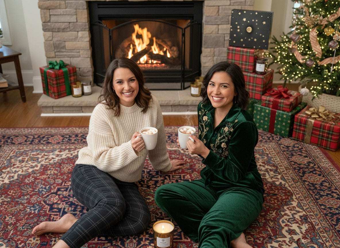 Two women enjoying hot cocoa by a festive fireplace with presents, AEMBR candle, and Christmas tree