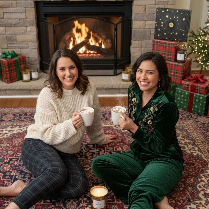 Two women enjoying hot cocoa by a holiday fireplace with AEMBR candles and Christmas gifts