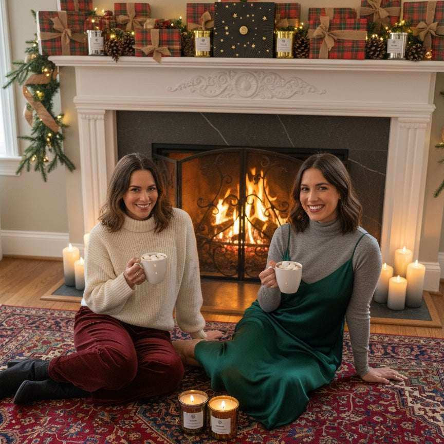 Two women enjoy hot drinks by a festive fireplace with AEMBR candles and holiday décor.