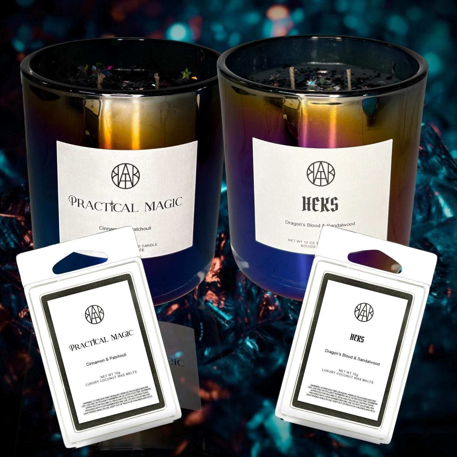 AEMBR non-toxic black candles and wax melts, Practical Magic and Heks, on a vibrant background.