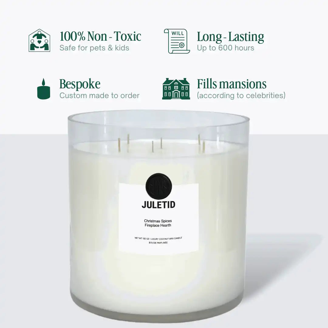 AEMBR JULETID non-toxic luxury candle with Christmas spices, infographic highlights safety, long-lasting, bespoke, and mansion-filling fragrance.