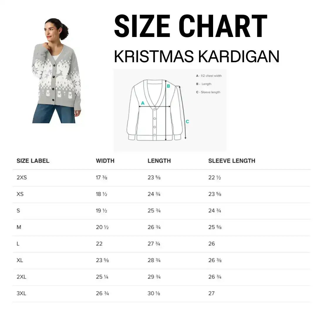 AEMBR Kristmas Kardigan size chart with measurements, sizing guide, and sweater photo.