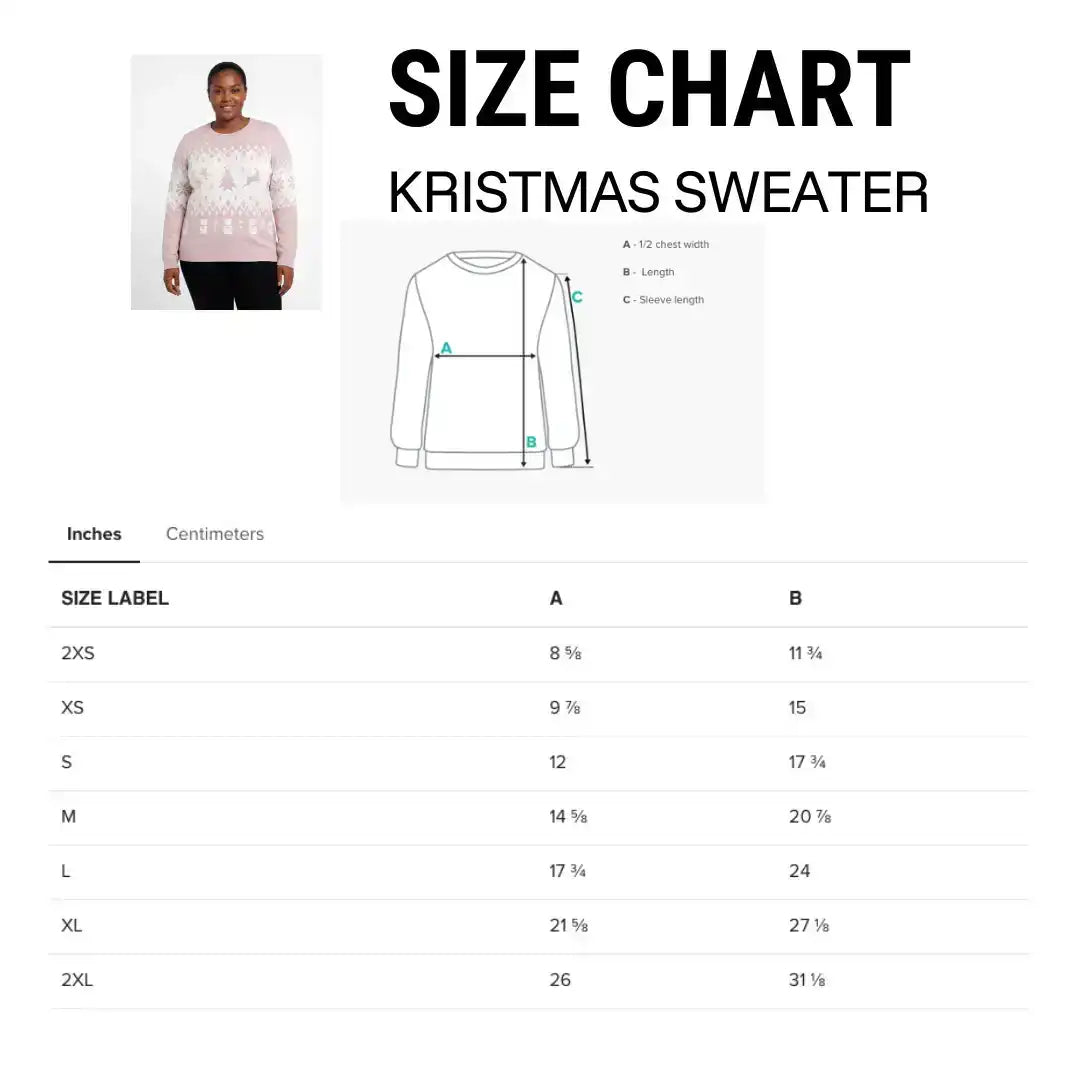 AEMBR Kristmas sweater size chart with measurements in inches, diagram, and model photo.
