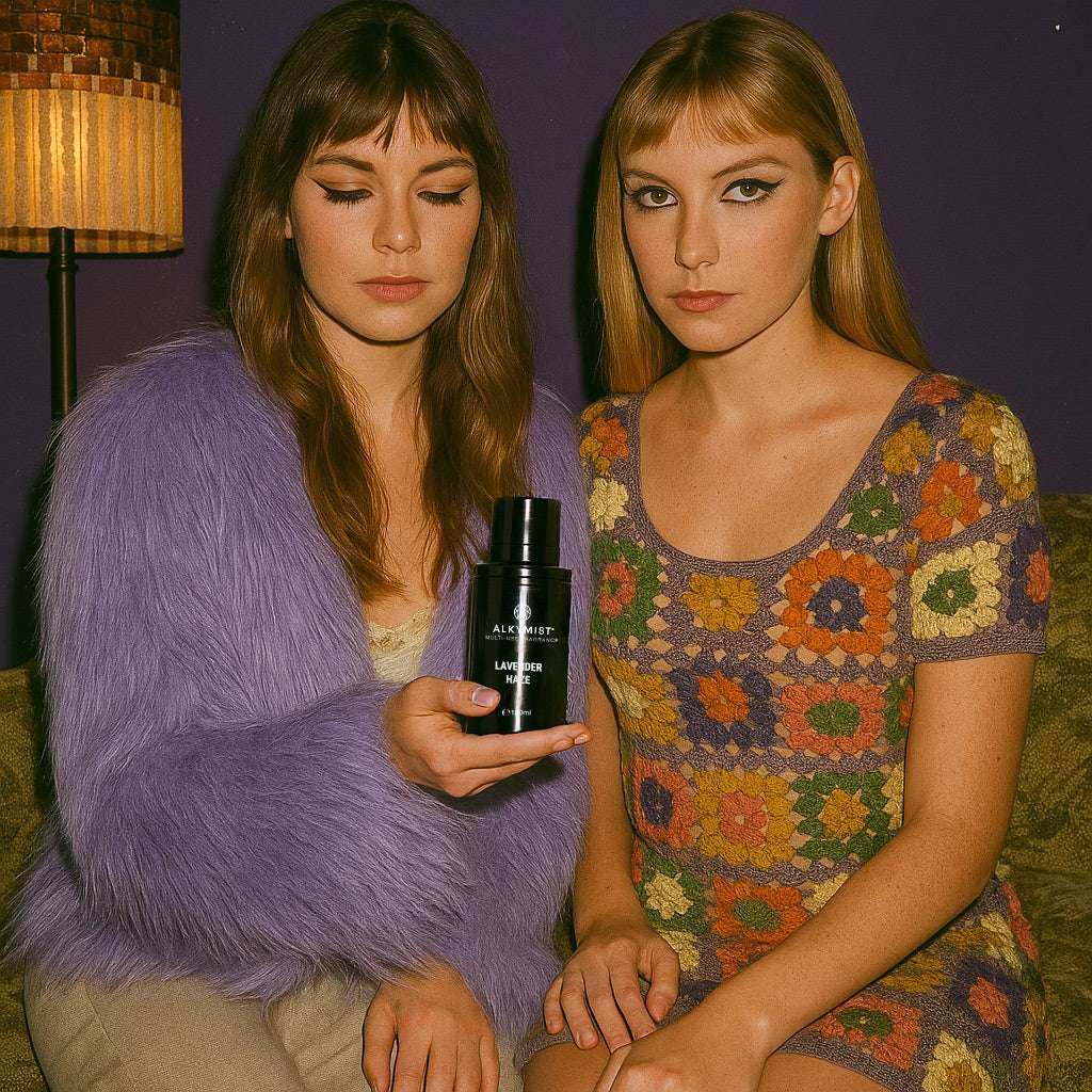 Two women in retro outfits holding AEMBR Lavender Haze non-toxic detergent bottle indoors