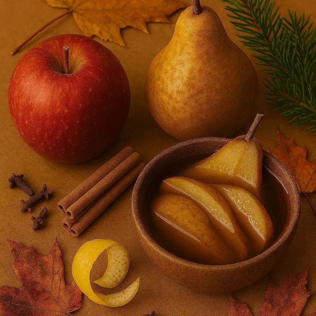 AEMBR autumn leaves with apple, pear, cinnamon sticks, cloves and bowl of poached pear