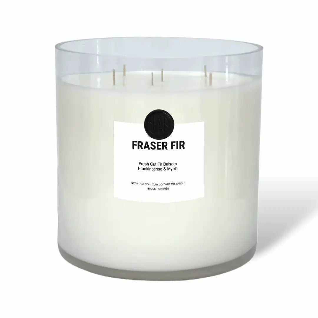 AEMBR Fraser Fir luxury coconut wax candle in clear glass jar with white label