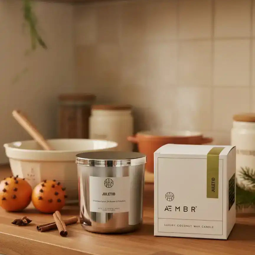 AEMBR Juletid luxury coconut wax candle and box on wood kitchen counter with spices and oranges
