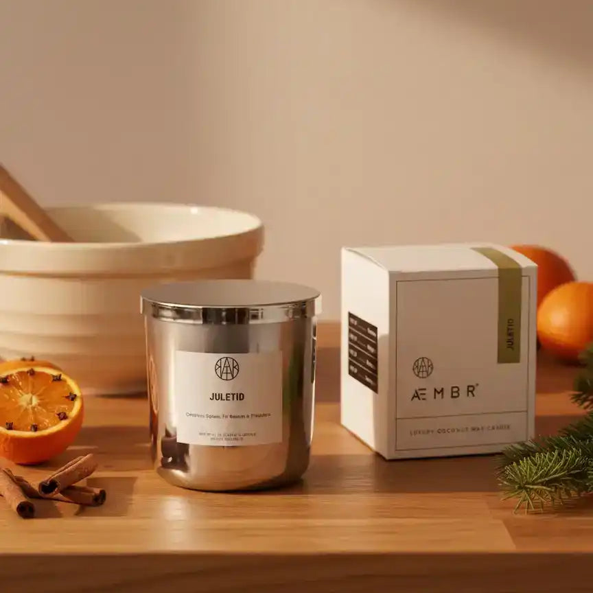 AEMBR Juletid non-toxic coconut wax candle on kitchen counter with festive orange and cinnamon.