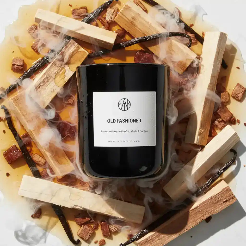 Old Fashioned non-toxic scented candle in black jar, surrounded by wood, smoke, and vanilla pods