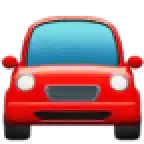 front view of a red car emoji with headlights and blue windows