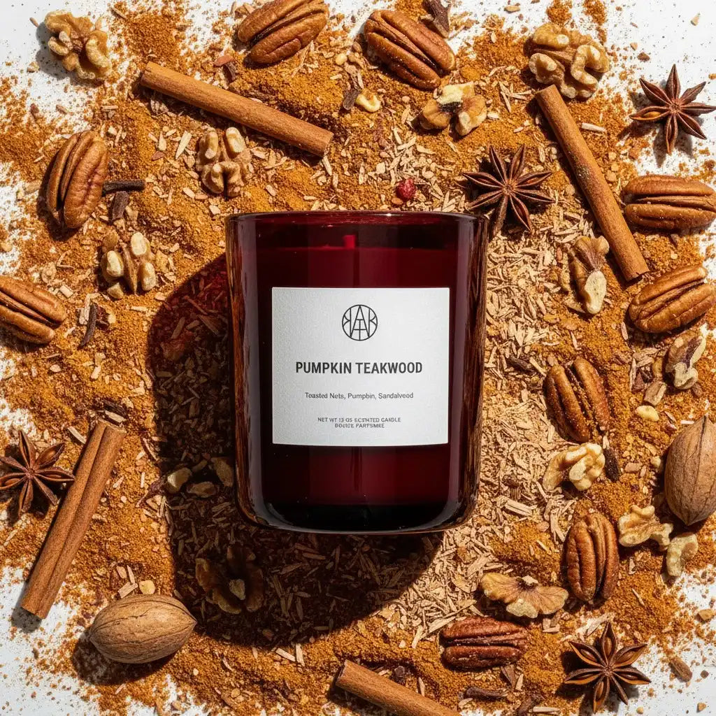 AEMBR Pumpkin Teakwood candle in red jar surrounded by autumn spices and nuts