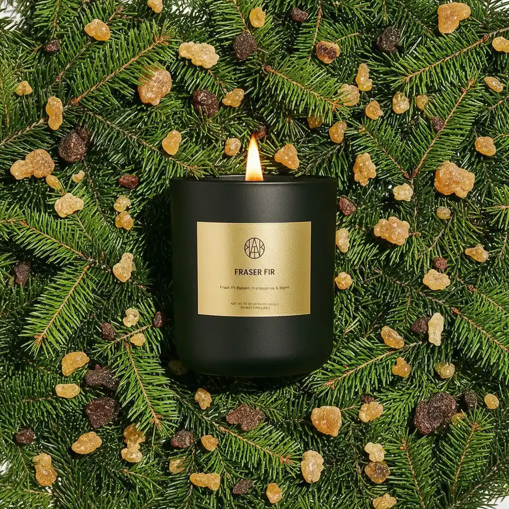 AEMBR Fraser Fir candle in black jar with gold label, surrounded by fir branches and resin