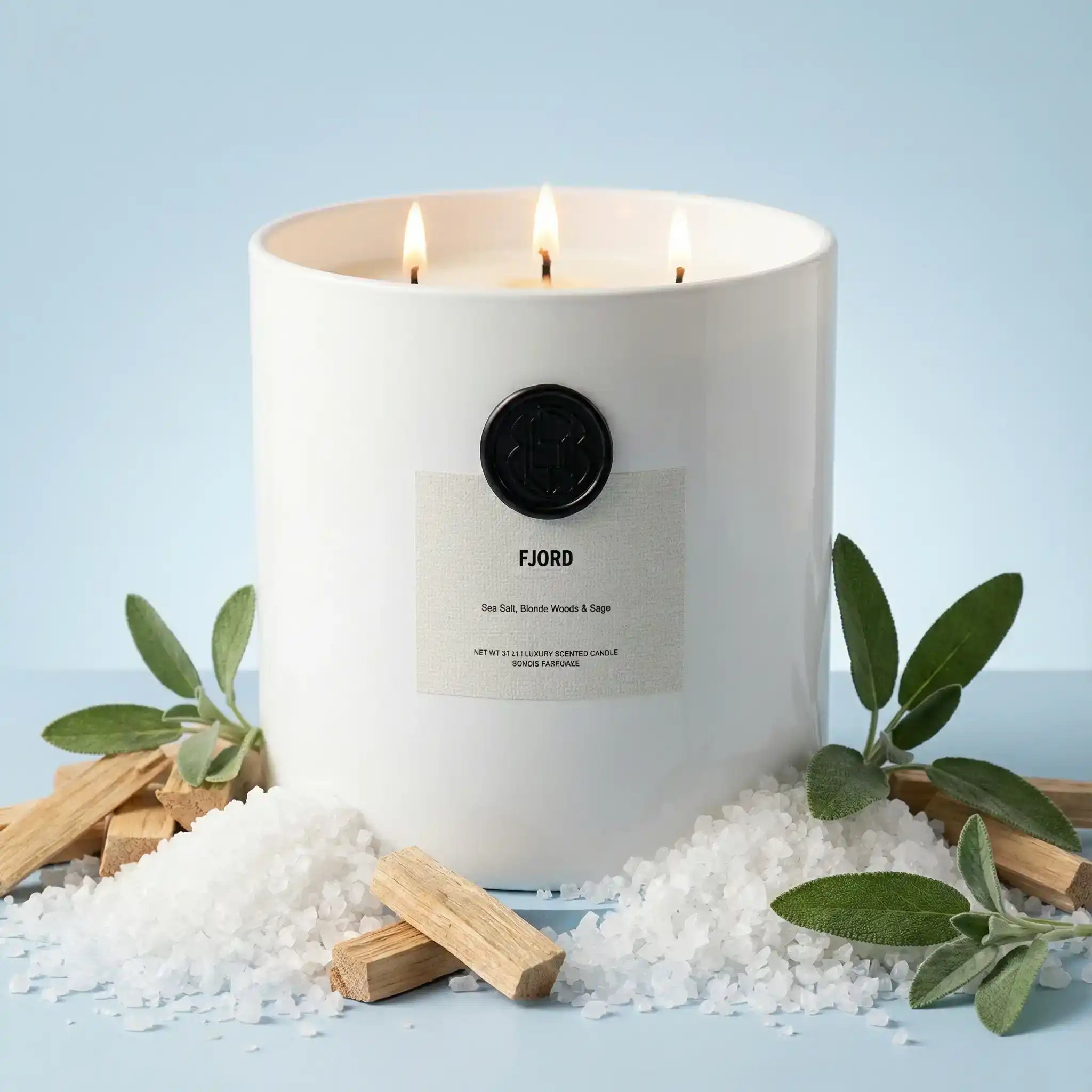 AEMBR Fjord luxury scented candle with sea salt, wood, and sage on a light blue background