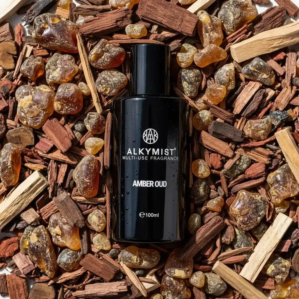 AEMBR fragrance bottle on amber resin and wood chips, highlighting non-toxic ingredients