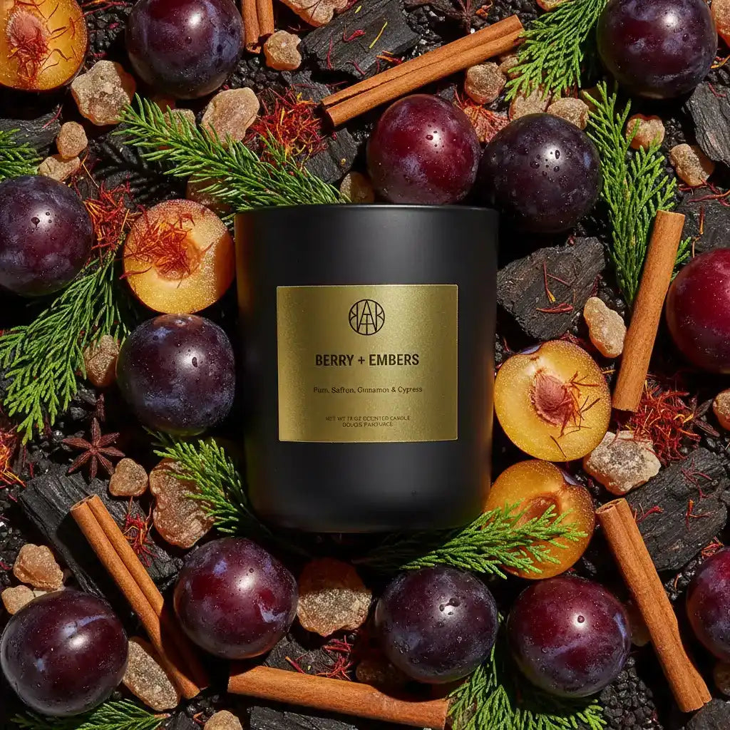 AEMBR Berry + Embers candle in a black jar, surrounded by plums, cinnamon sticks, pine leaves, and rock sugar.