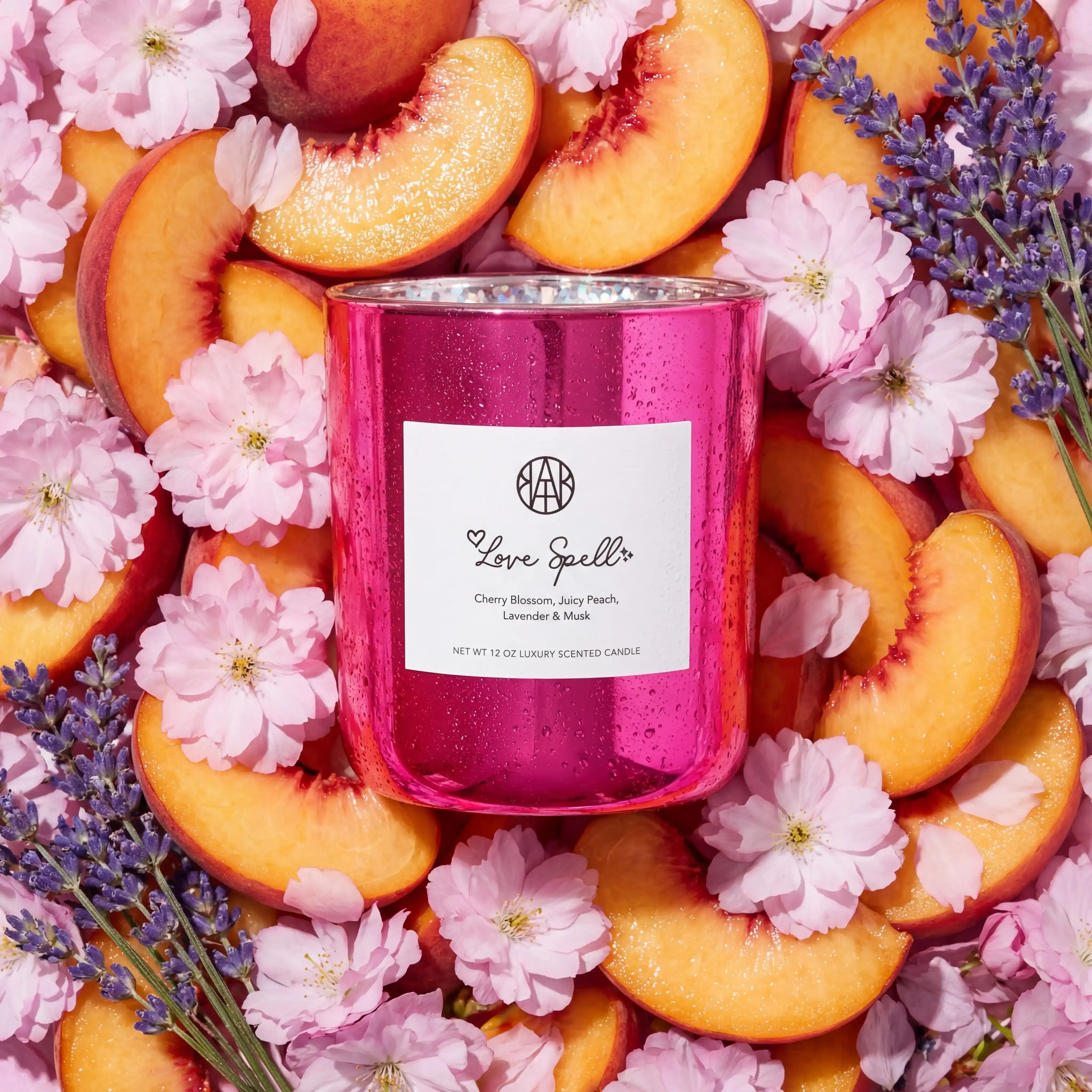 AEMBR Love Spell candle in pink jar surrounded by peach slices, cherry blossoms, and lavender.