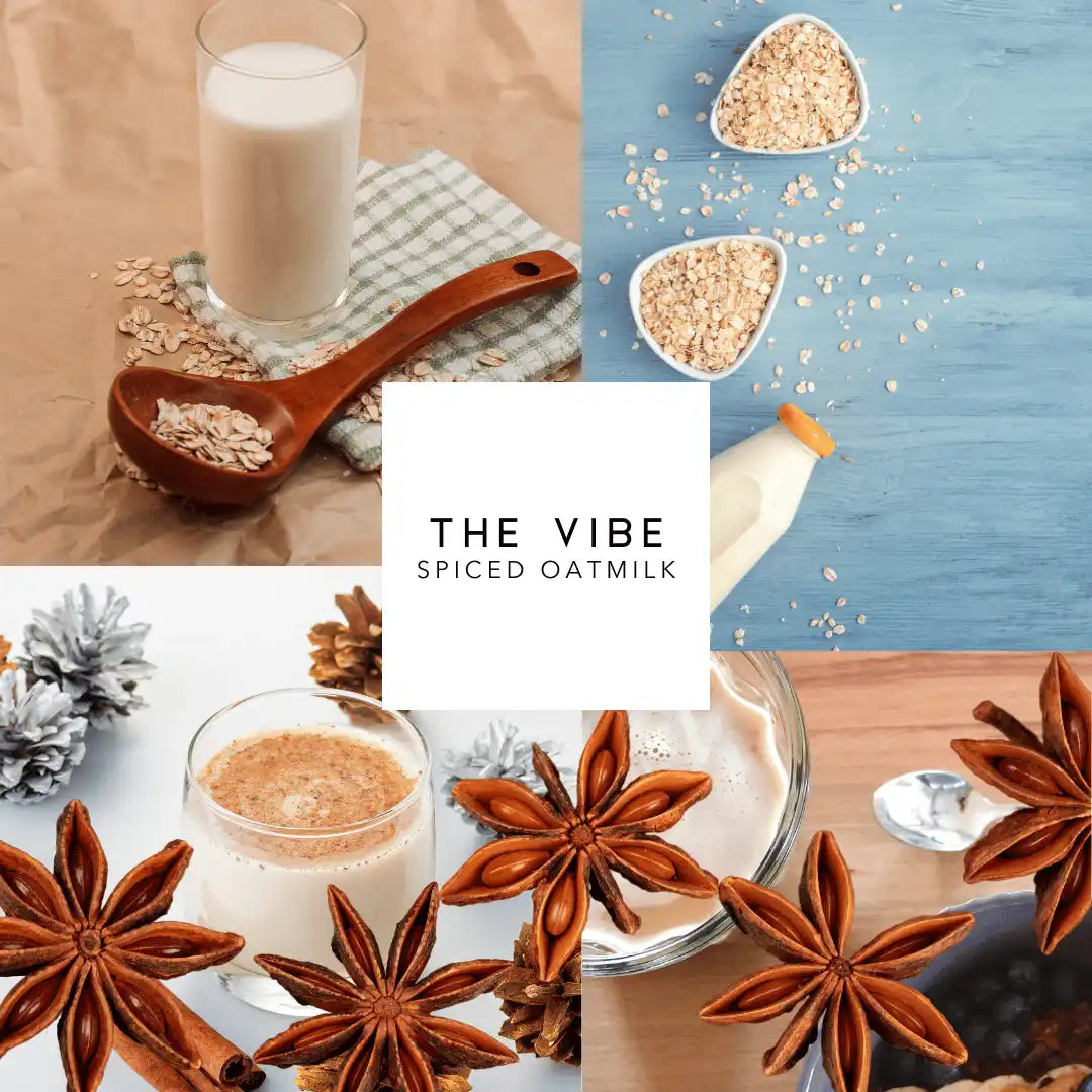 AEMBR spiced oat milk with star anise, oats, pinecones, and creamy beverage in glass.