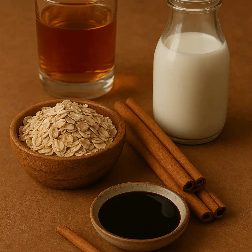 AEMBR natural spiced oat milk ingredients with oats, cinnamon sticks, milk, and syrup on brown background