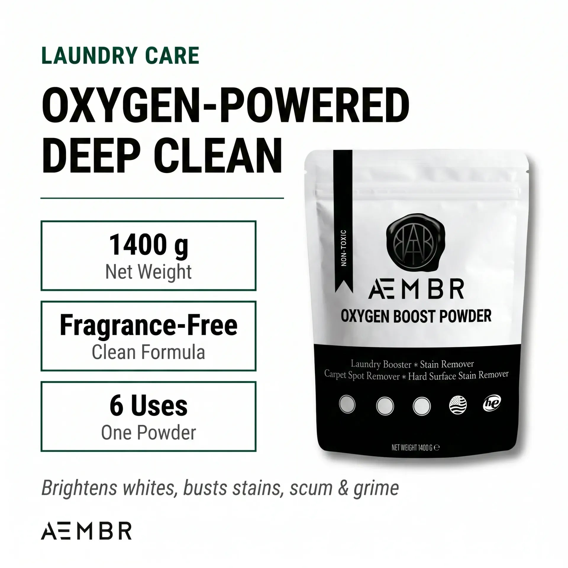 AEMBR Oxygen Boost — oxygen-powered deep clean, 1400g net weight, fragrance-free formula, 6 uses, non-toxic laundry care