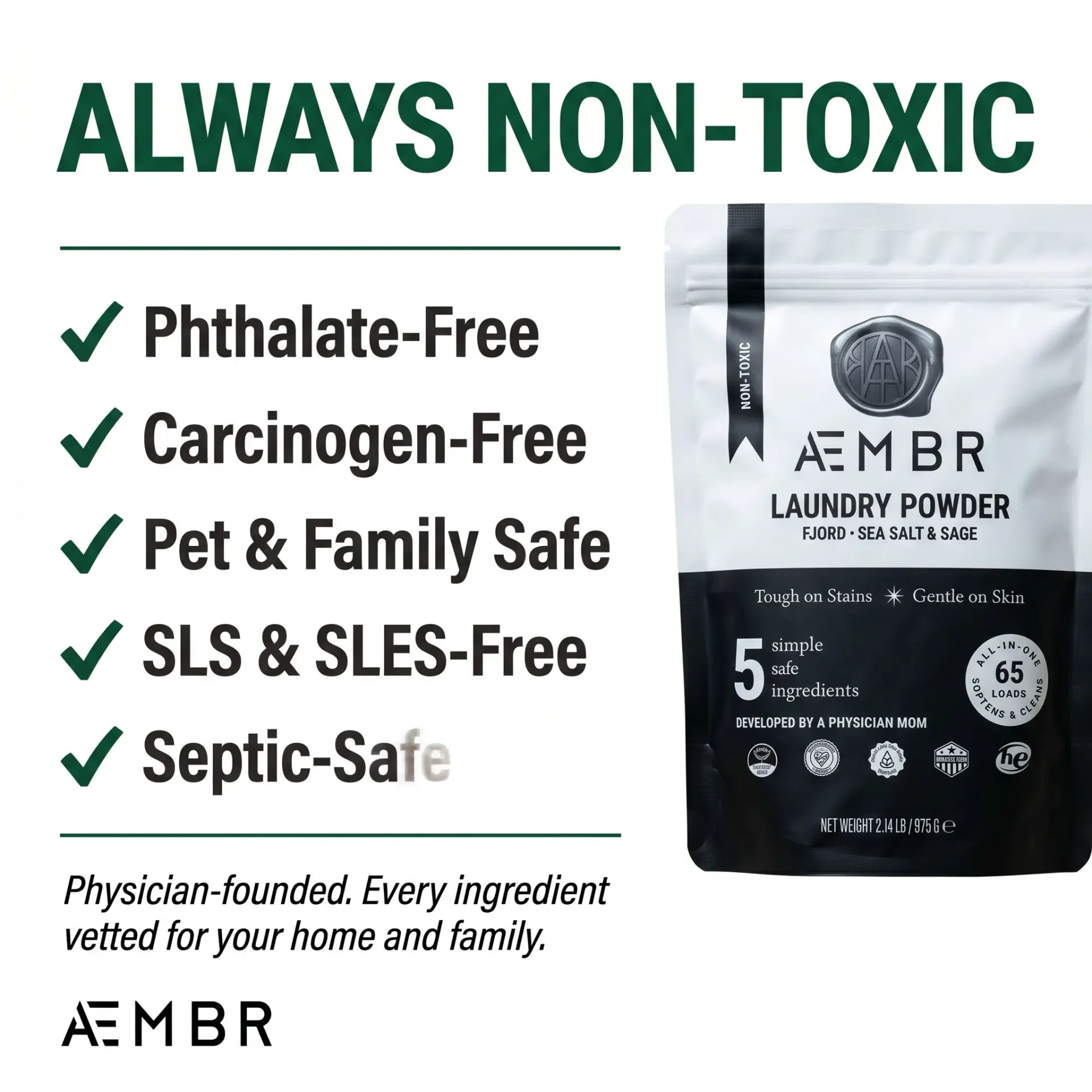 AEMBR Laundry Powder — phthalate-free, carcinogen-free, pet and family safe, SLS and SLES-free, septic-safe, physician-founded
