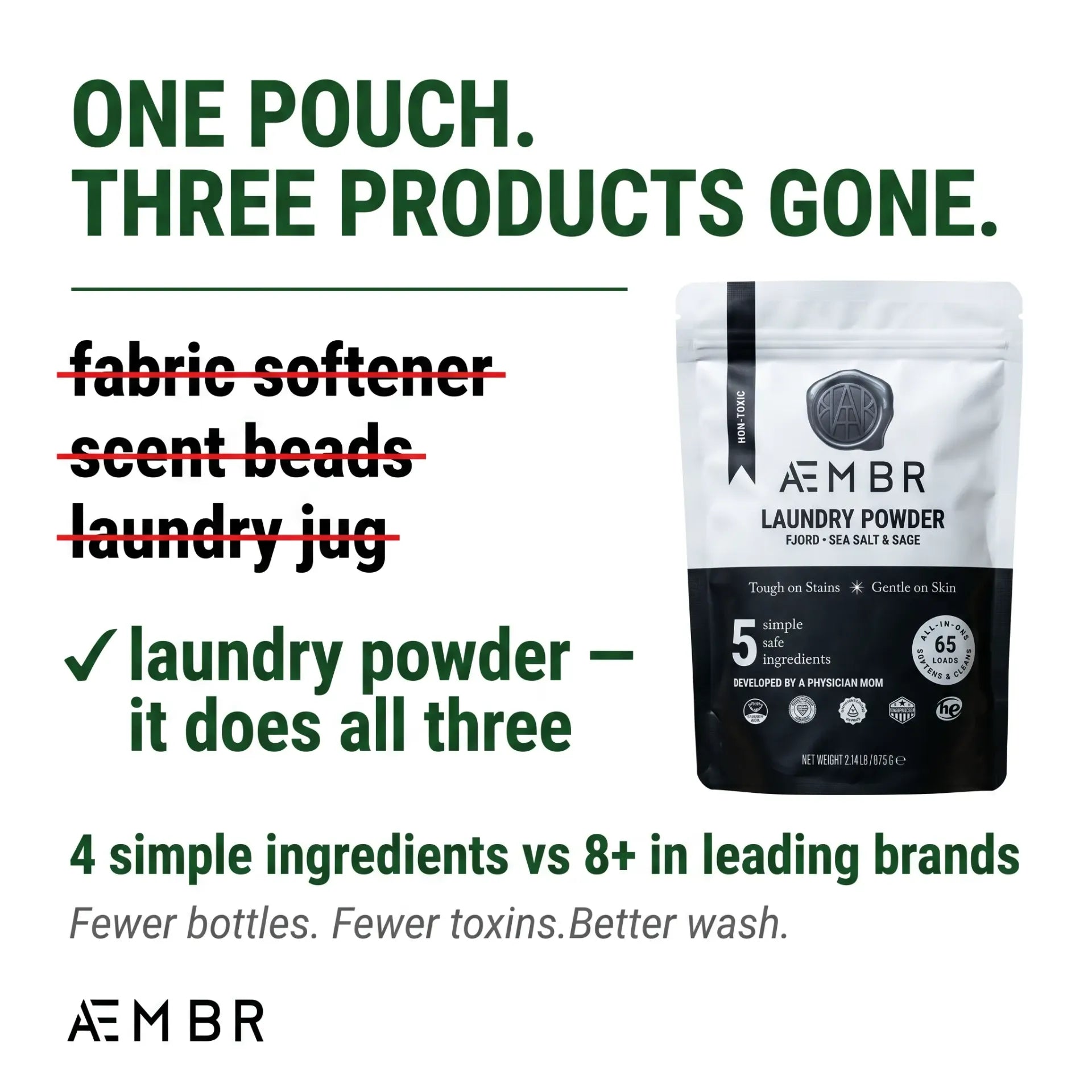AEMBR Laundry Powder replaces fabric softener, scent beads, and laundry jug — 4 ingredients vs 8+ in leading brands