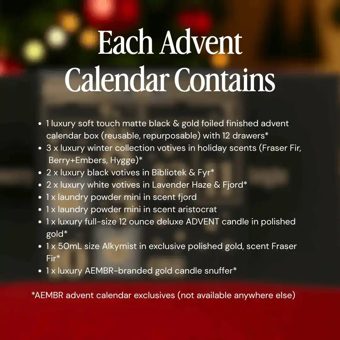 Luxury AEMBR Advent Calendar 2025 with festive holiday design and multiple numbered compartments for daily surprises.
