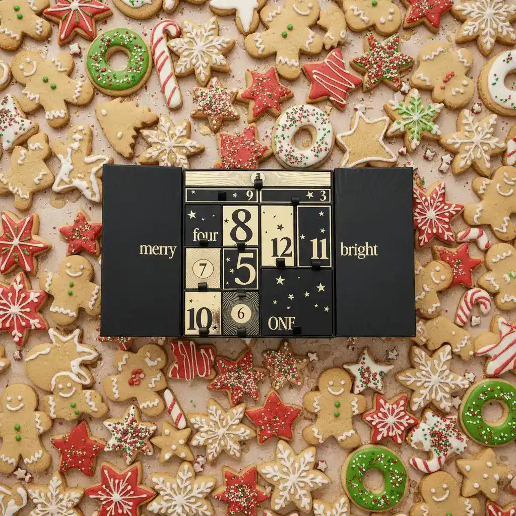 Luxury AEMBR Advent Calendar 2025 with festive compartments and elegant design for holiday countdown.