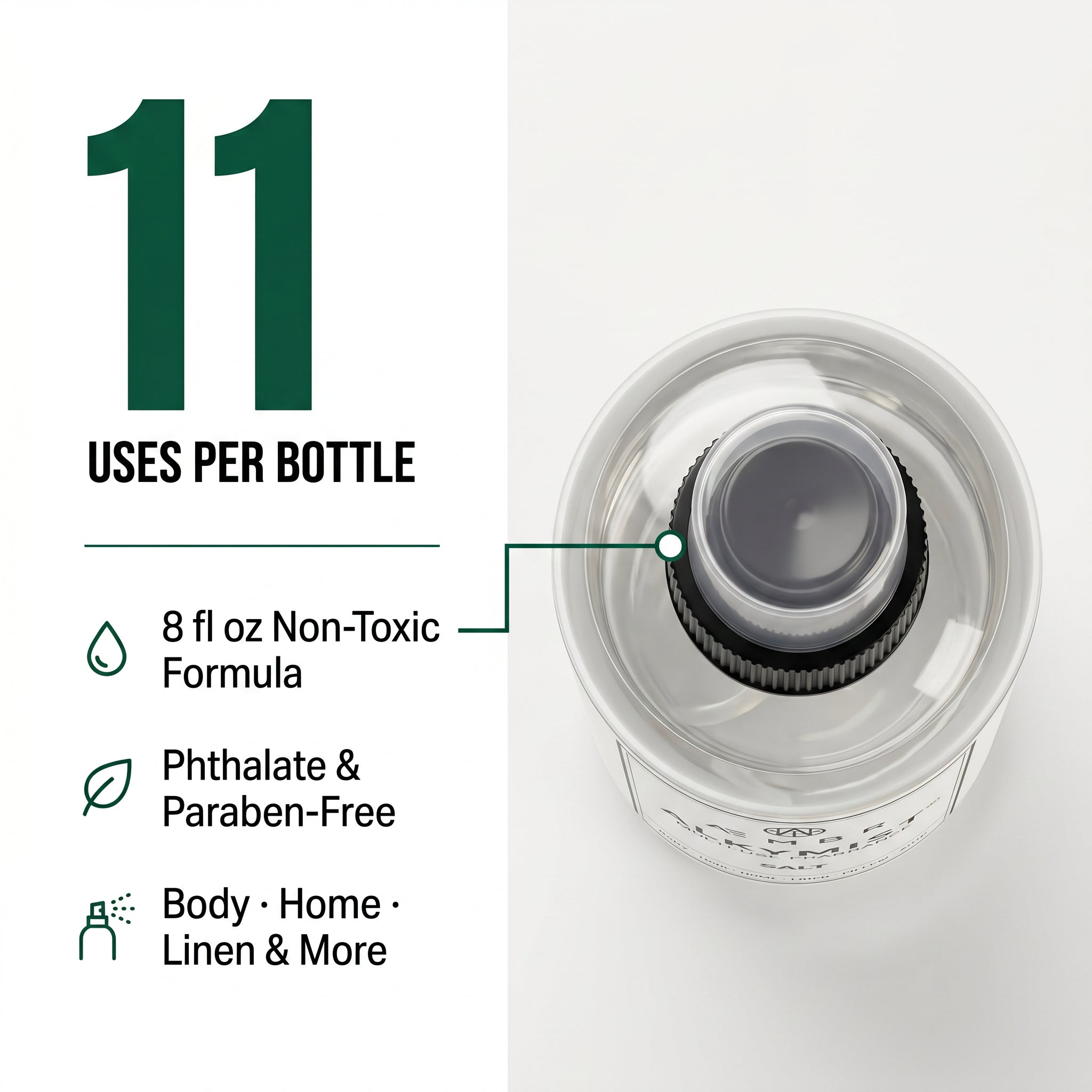 Alkymist Salt — 11 Uses Per Bottle. 8 fl oz non-toxic formula. Body, home, linen and more. Overhead top-down view.