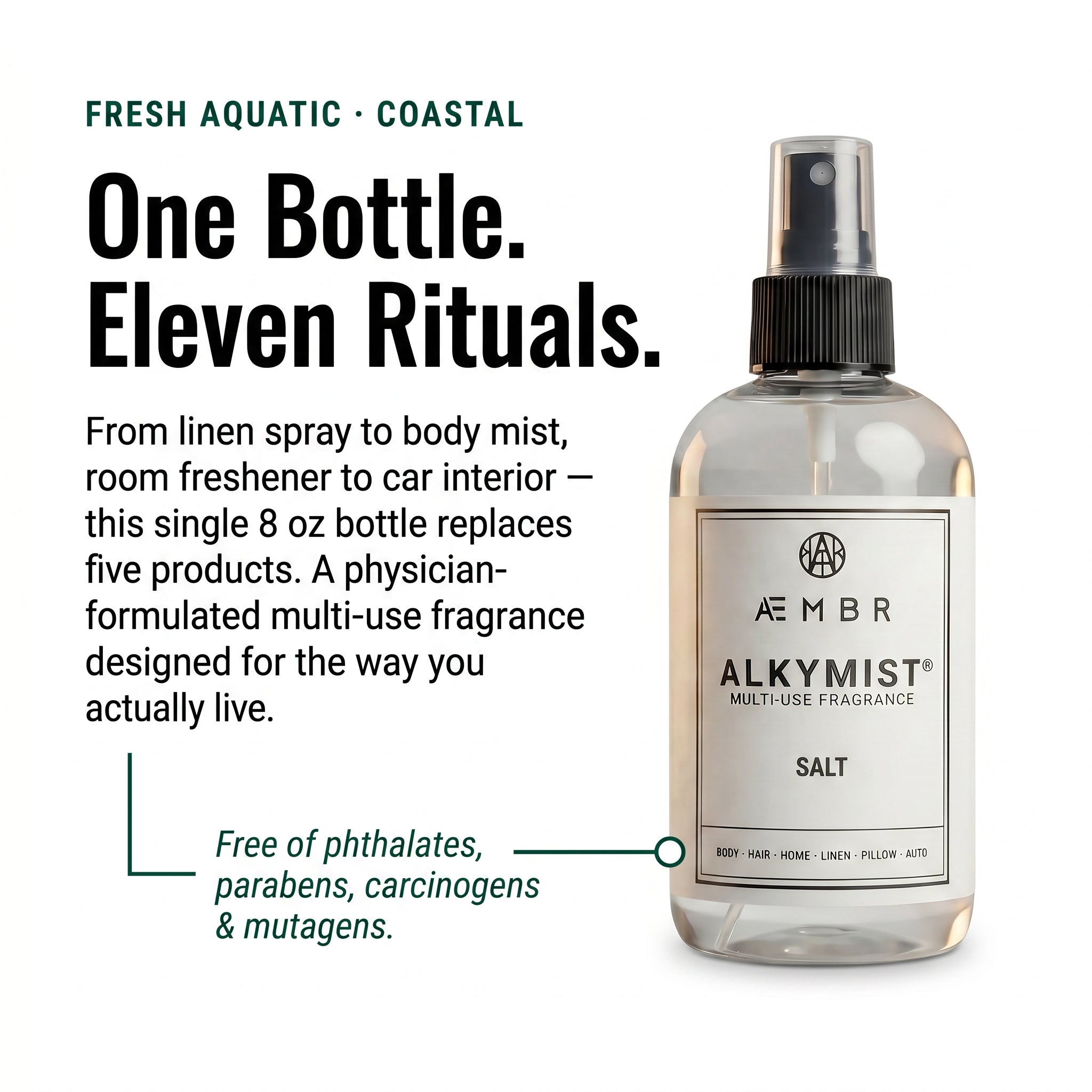 Alkymist Salt — One Bottle, Eleven Rituals. Coastal multi-use fragrance editorial shot.