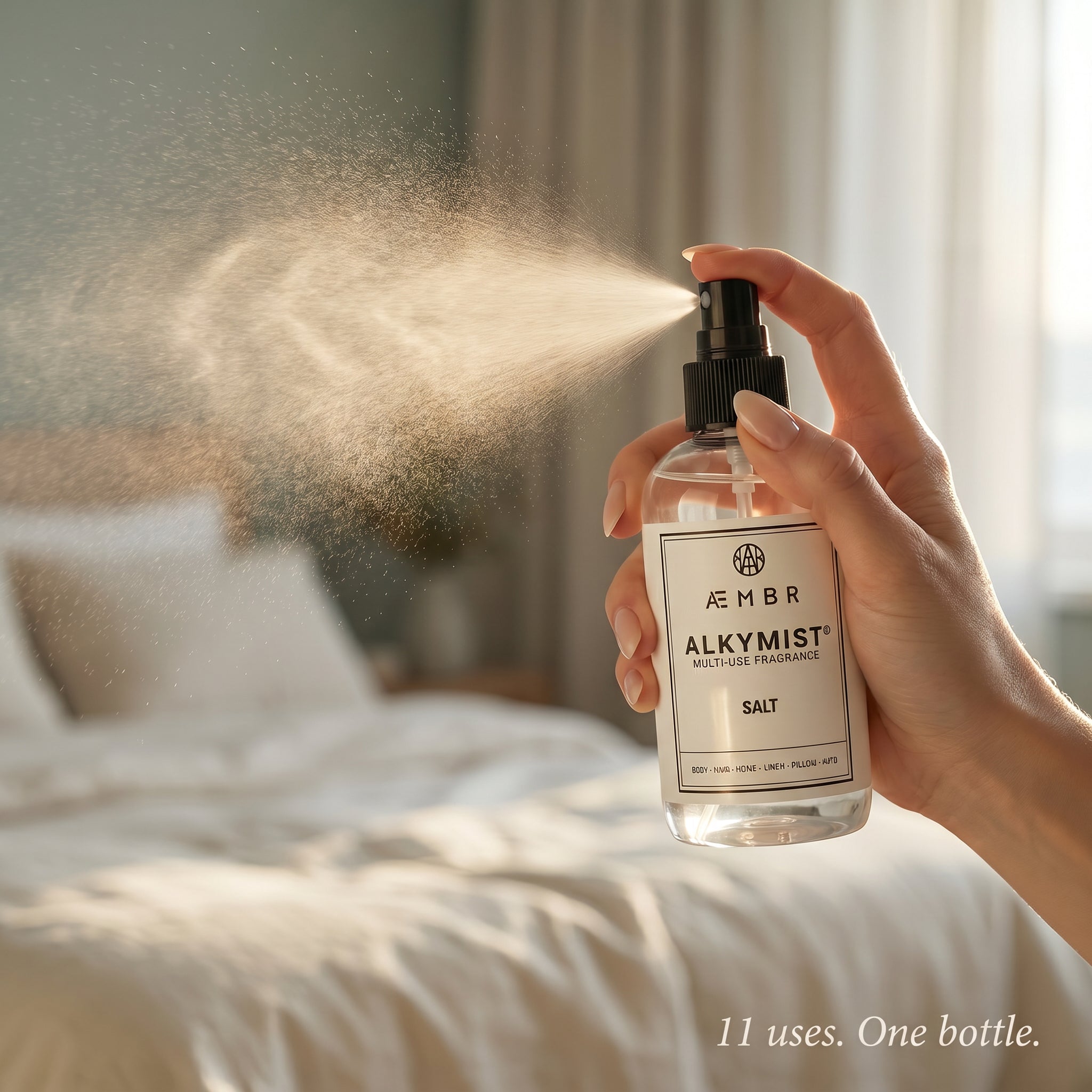 Alkymist Salt in-use lifestyle — hand spraying fine mist onto linens. 11 uses, one bottle.