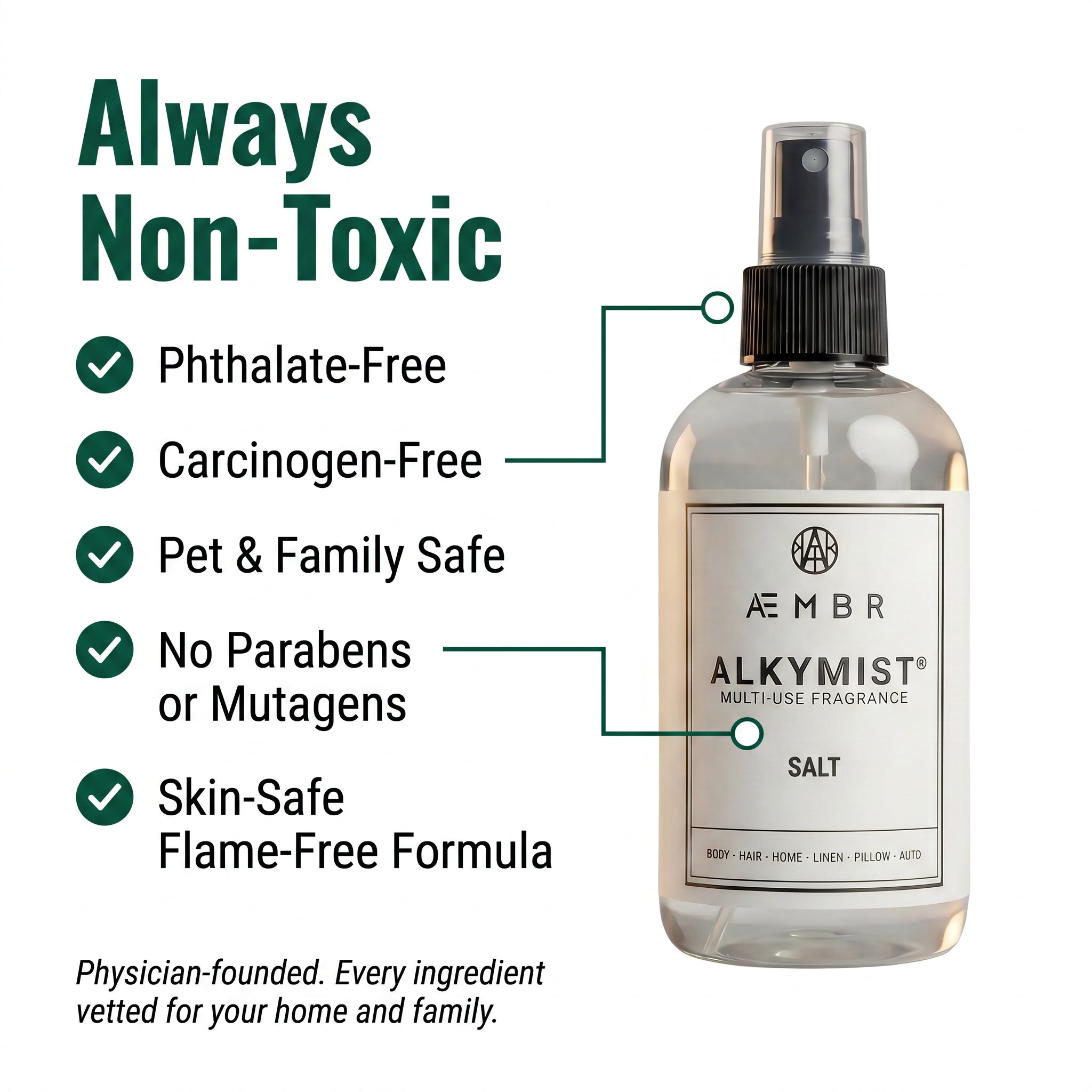 Alkymist Salt Always Non-Toxic — Phthalate-Free, Carcinogen-Free, Pet & Family Safe. Physician-founded.
