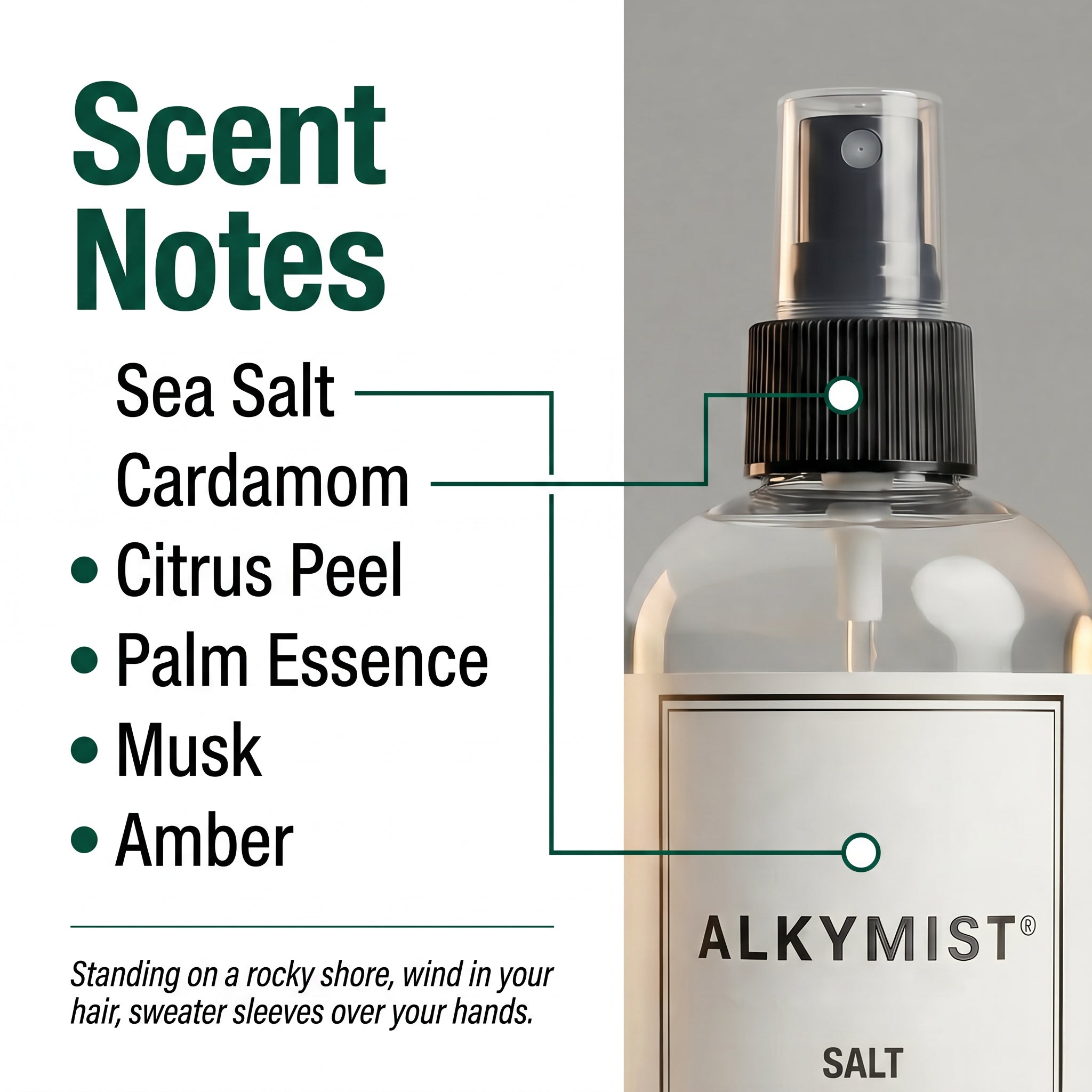 Alkymist Salt Scent Notes — Sea Salt, Cardamom, Citrus Peel, Palm Essence, Musk, Amber. Macro nozzle detail.