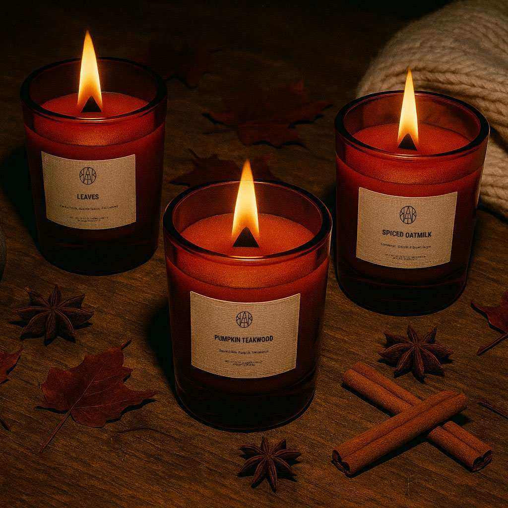 Three non-toxic autumn scented candles in glass jars with fall leaves and spices on a wooden table