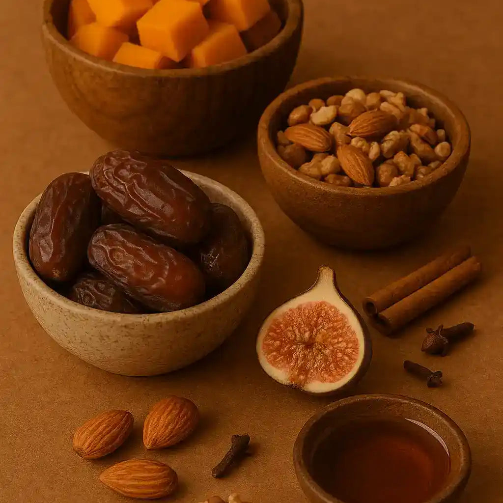 Non-toxic candle scent notes with pumpkin, teakwood, dates, nuts, fig, cinnamon, cloves.